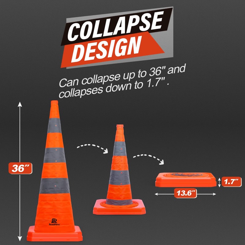 RoadHero 36 Inch 2 Pack Collapsible Traffic Safety Cones, Multi Purpose Pop-up Cones with Reflective Collar for Road Safety, Orange Cones for Driving Training, Parking Lots - Image 5